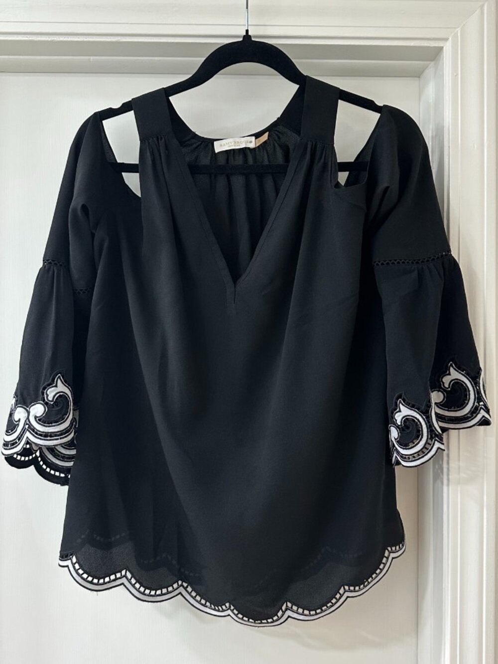 Ramy Brook Black & White Cold Shoulder Blouse with Scalloped Hem, Size Large